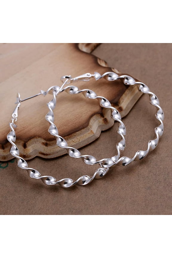 925 Sterling Silver Twisted Hoop Pierced Earrings 2" Inch L101-default