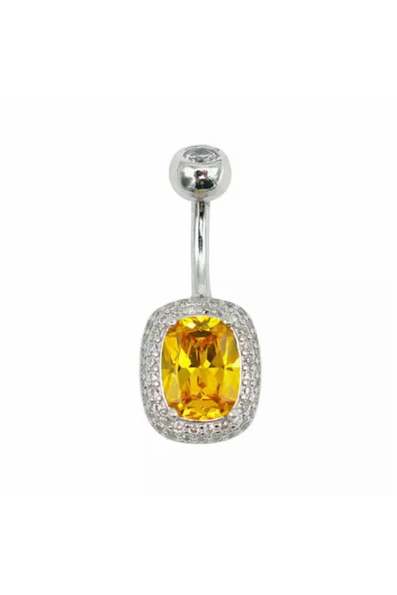925 Sterling Silver Yellow Crystal CZ Belly Bar Button Navel Ring Piercing A1105-8mm