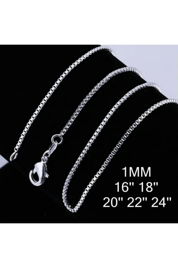 925 Sterling Solid Silver 1MM/1.5MM/2MM Box Chain Necklace For Women 16-24"-16inch-1MM