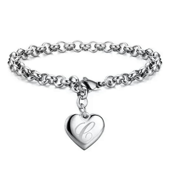 QQTDFG 925 Sterling Solid Silver Jewelry A-Z Letter Charm Heart Bracelet For Women-C