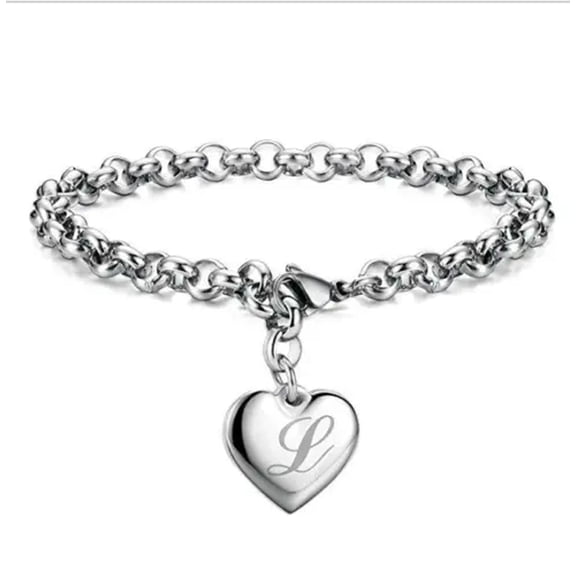 QQTDFG 925 Sterling Solid Silver Jewelry A-Z Letter Charm Heart Bracelet For Women-L