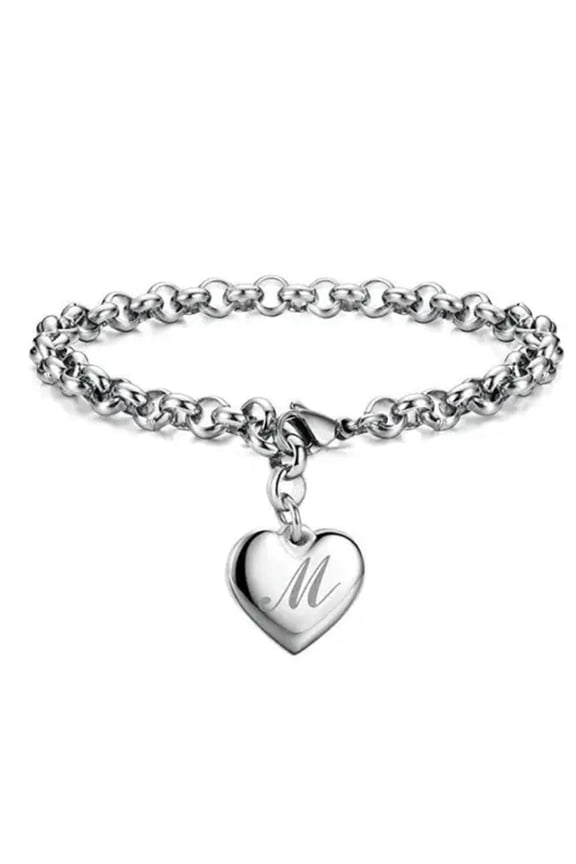 925 Sterling Solid Silver Jewelry A-Z Letter Charm Heart Bracelet For Women-M