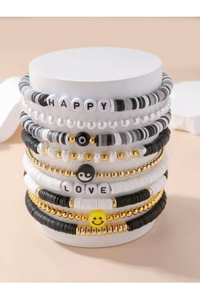 9pcs/set Boho Eye & Expression Decor Beaded Bracelet Soft Clay Black Grey Set-default