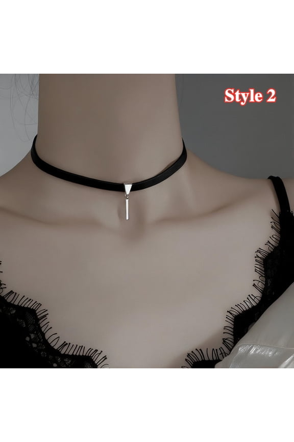Adjustable Black Choker Necklace Leather Pearl Velvet Choker Gothic Collar Chain-Style 2