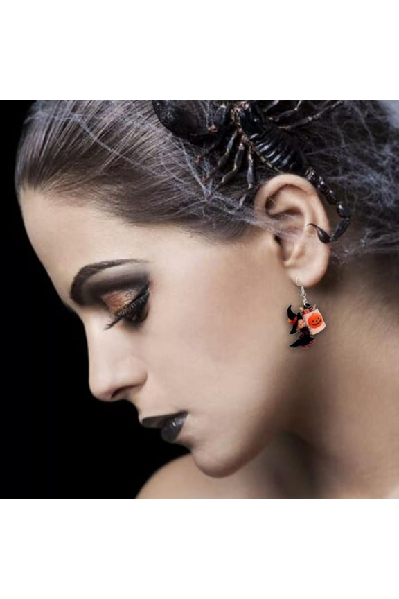 Adorable Acrylic Halloween Witch And Pumpkin Pattern Pendant Earrings Cute-default