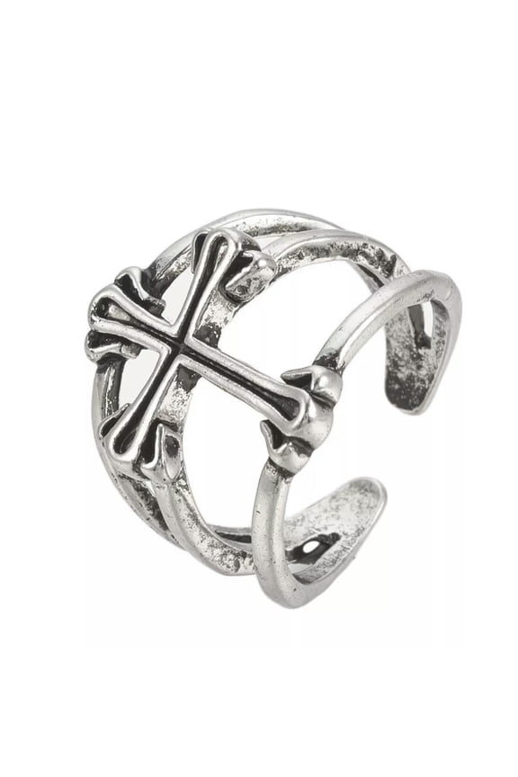 Alloy Cuff Finger Ring Ring Cross Antique Silver Size 10 Adjustable 19.5mm P393-default
