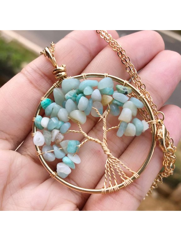 Amazonite Gem Tree Of Life Water-Drop Necklace Chakra Reiki Healing Amulet-default