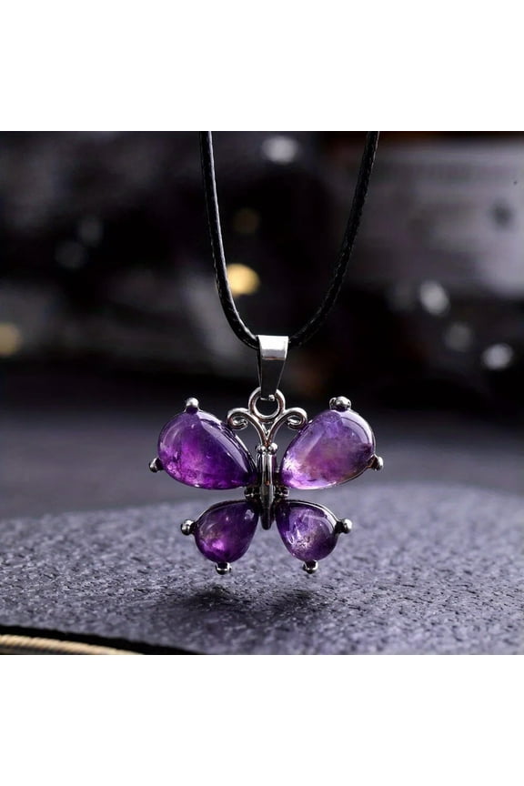 Amethyst Gems Butterfly Crystal Necklace Magic Reiki Healing Amulet-default