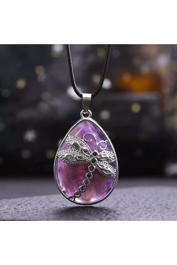 Amethyst Gems Dragonfly Crystal Necklace Magic Reiki Healing Amulet-default