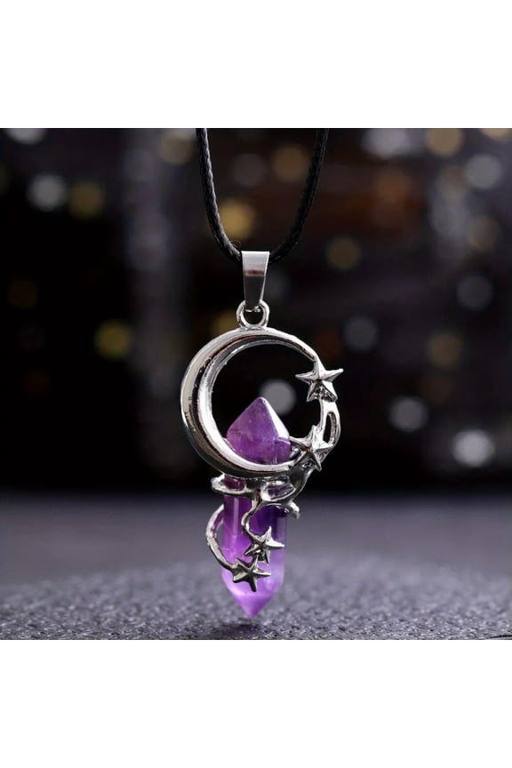 Amethyst Gems Moon Star Crystal Necklace Magic Reiki Healing Amulet-default