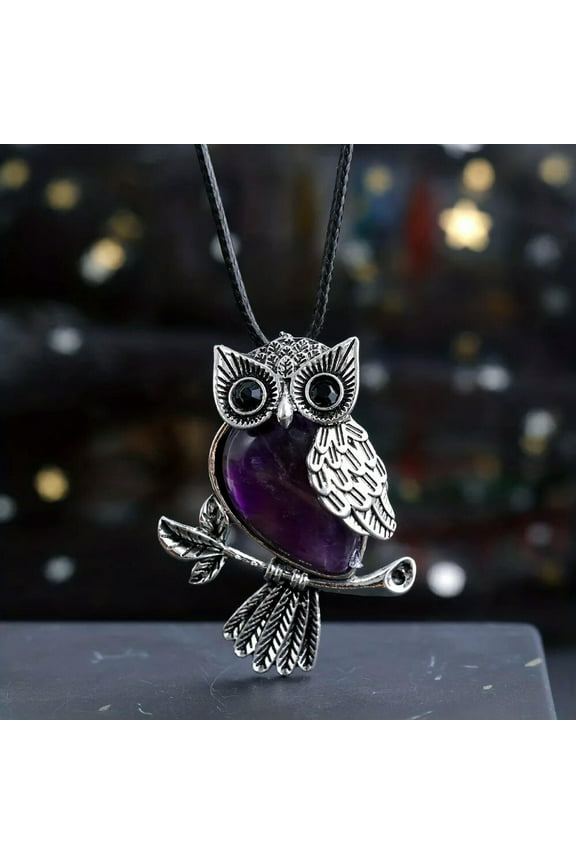 Amethyst Gems Owl Crystal Necklace Magic Reiki Healing Amulet-default