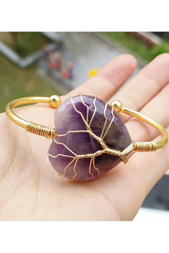 Amethyst Gems Stone Heart bangle bracelet Reiki Healing Balancing Amulet-default