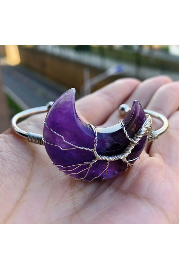 Amethyst Gems Tree Of life Moon bangle bracelet Reiki Balancing Amulet-default