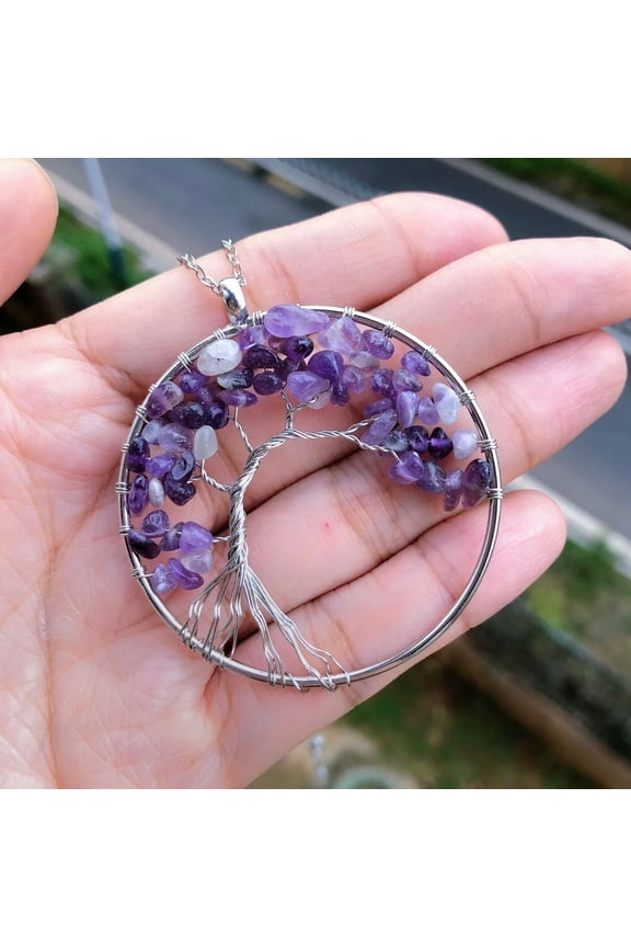 Amethyst Stone Tree Of Life Pendant Necklace Chakra Reiki Healing Amulet-default