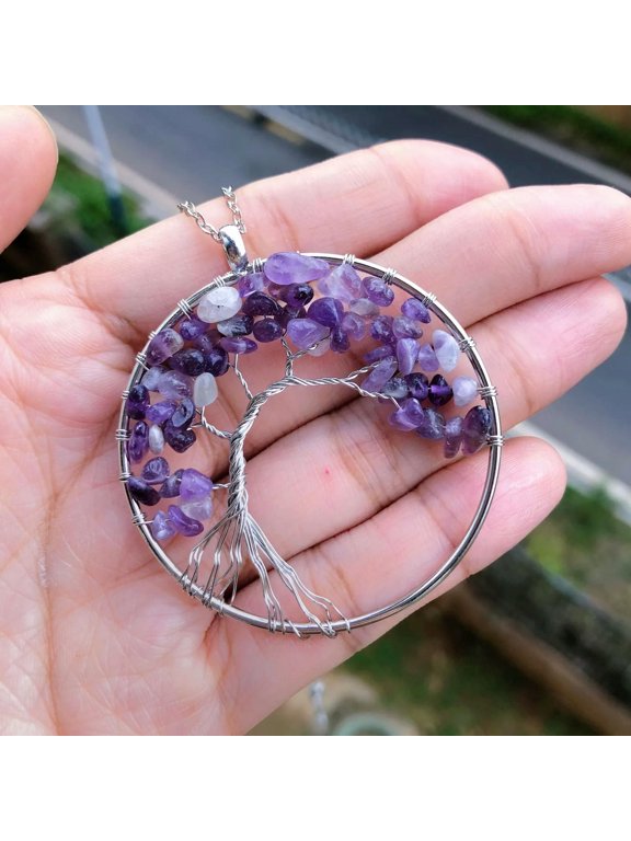 Amethyst Stone Tree Of Life Pendant Necklace Chakra Reiki Healing Amulet-default