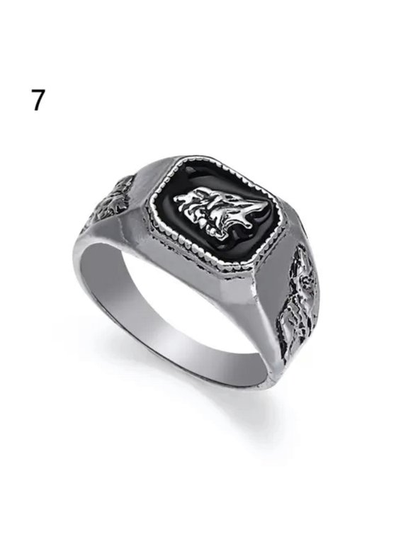 And American Style Alloy Square Wolf Head Carved Men's Ring Gold/Silver For men-7