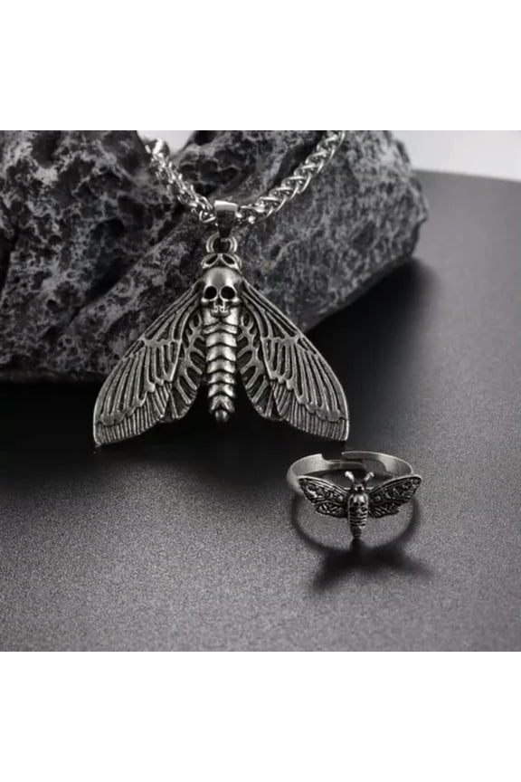 Animal 925 Silver Skull Head Moth Pendant Necklace Charm Rings Women Jewelry-Silver-7