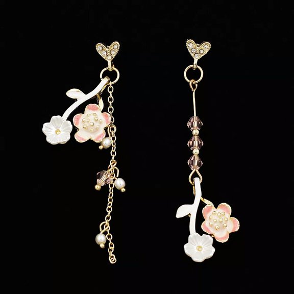 QQTDFG Asymmetrical Peach Blossom Heart Earrings Enamel Crystal Pearl Ear Stud Dangle-default