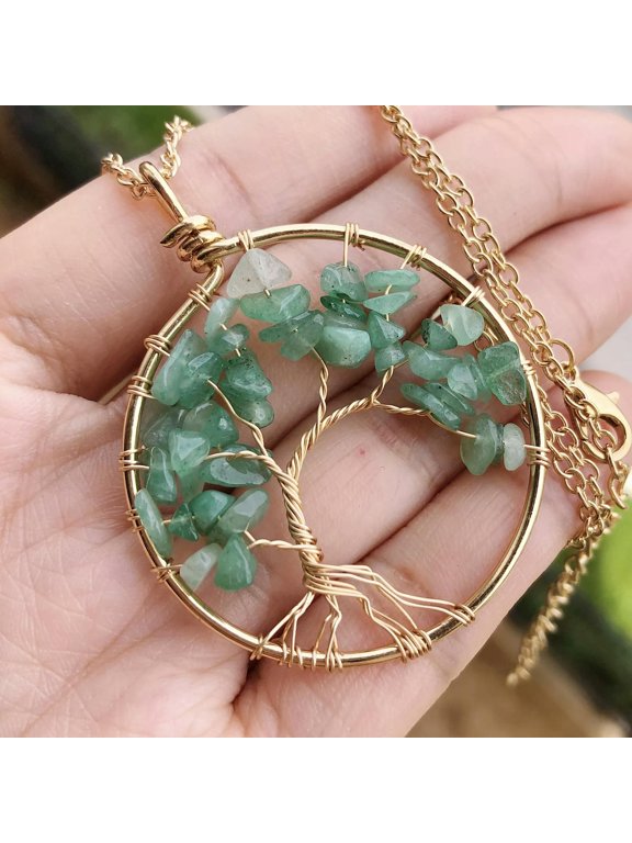 Aventurine Gem Tree Of Life Water-Drop Necklace Chakra Reiki Healing Amulet-default