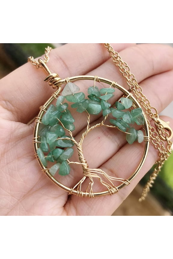 Aventurine Gem Tree Of Life Water-Drop Necklace Chakra Reiki Healing Amulet-default