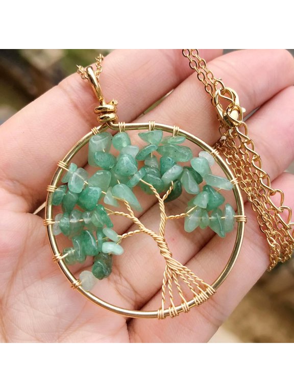 Aventurine Gem Tree Of Life Water-Drop Necklace Chakra Reiki Healing Amulet-default