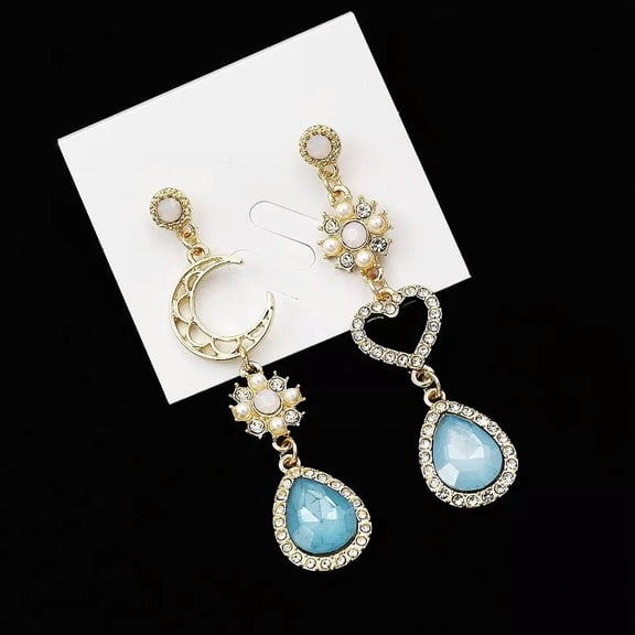 QQTDFG Baroque Moon Heart Aqua Crystals Pearl Blue Tear Drop Asymmetric Stud Earrings-default