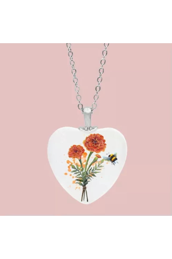 Birth Month Flower Necklace, Twelve Months Love Heart Shaped Glass Pendant,-October-Marigold