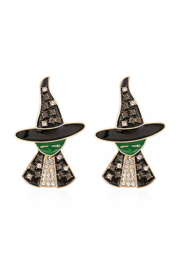 Black Enamel Clear Crystal Witch Magic Wizard Hat Stud Earrings Halloween Gift-default