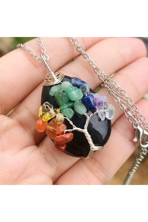Black Onyx Gem Stone Tree Of Life Water-Drop Necklace Chakra Healing Amulet-default
