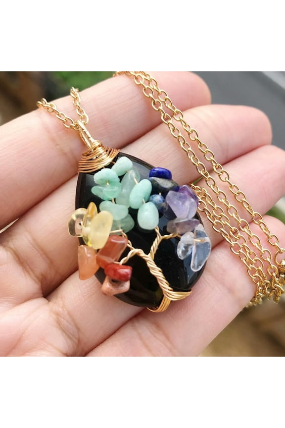 Black Onyx Gem Stone Tree Of Life WaterDrop Necklace Chakra Reiki Healing Amulet-default
