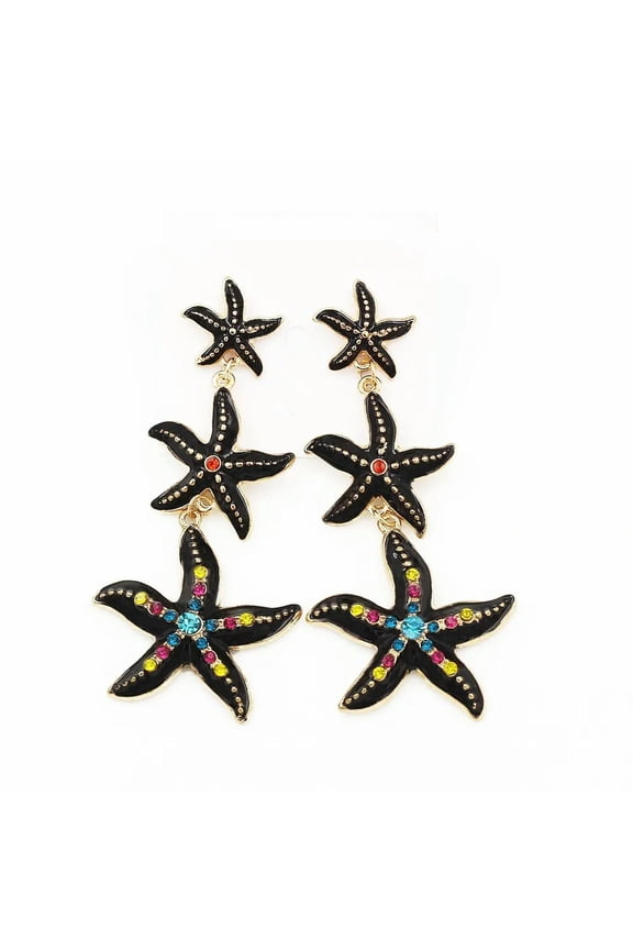Black Sea Star Starfish Drop Dangle Earrings Crystal Rhinestone Enamel Gold Tone-default