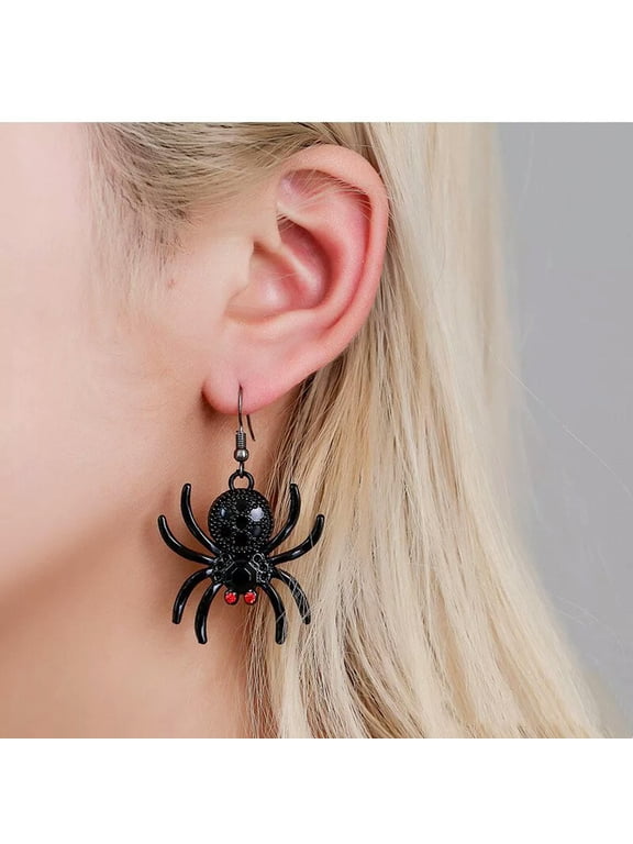 Black Spiders With Red Crystal Eyes Dangle Earrings Party Halloween Jewelry -default