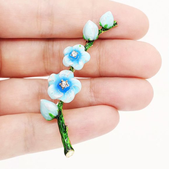 Blue Enamel Crystal Peach Blossom Flower Branch Brooch Pin Women's Jewelry Gift -default