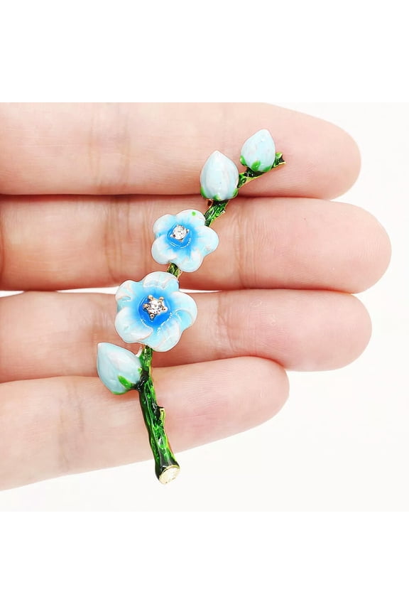 Blue Enamel Crystal Peach Blossom Flower Branch Brooch Pin Women's Jewelry Gift -default