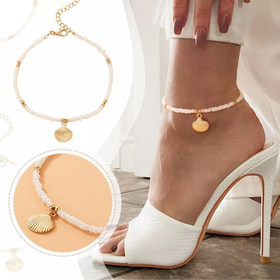 QQTDFG Boho Single Layer Anklets For Women Pearl Seashell Streaming Pendant Foot-default