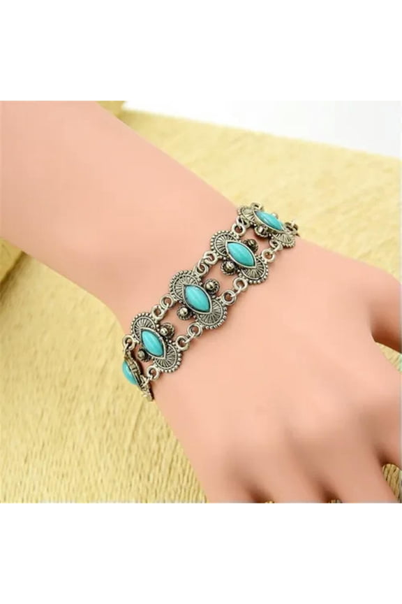 Boho Women Tibetan 925 Silver Turquoise Open Bangle Cuff Bracelet Jewelry Gift-#1