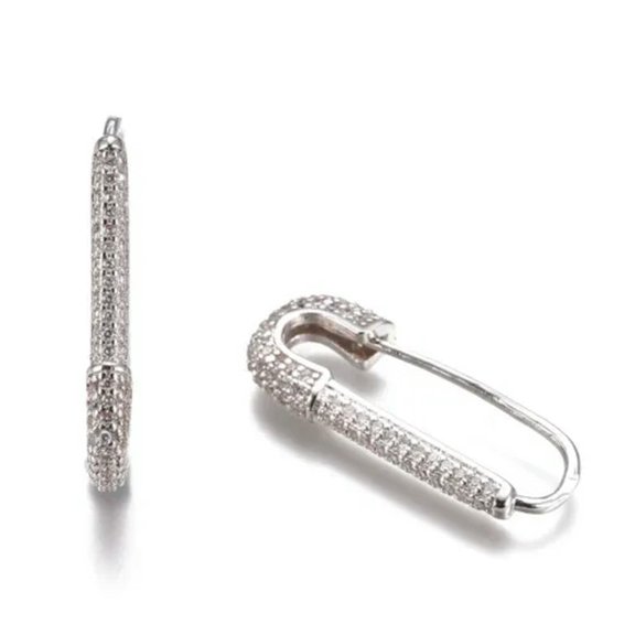 QQTDFG Brass Hoop Earrings Rhinestone Safety Pin Clip Gold Silver Red Green Blue Z313-Silver/Clear
