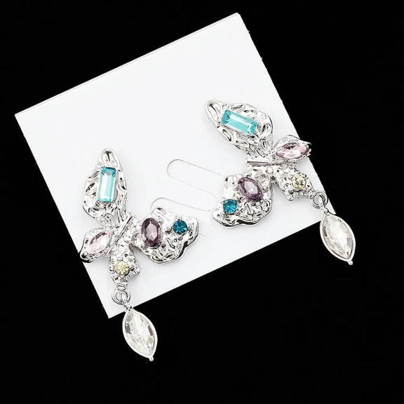 QQTDFG Butterfly Earrings Crystal Silver Tone Earbob Stud Dangle 925 Silver Needle New-default