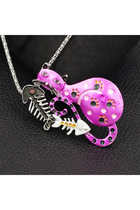 Cat Fishbone Animal Pendant Sweater Chain Necklace/Brooch Pin Gold Silver Tone-Fuchsia