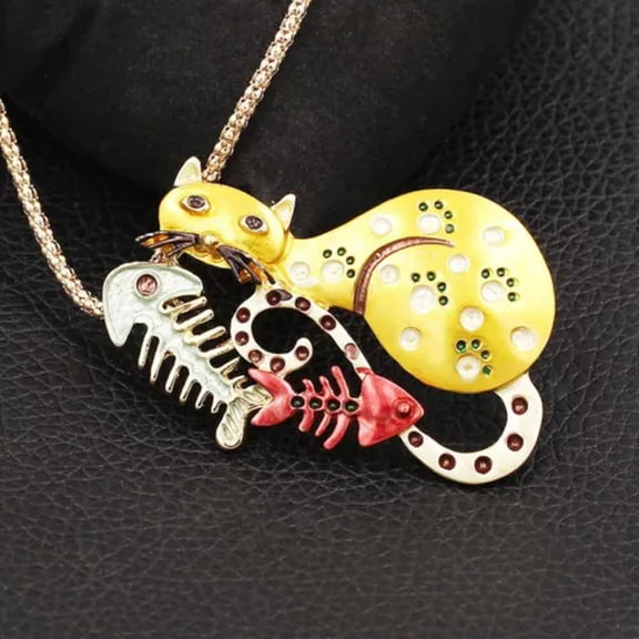 QQTDFG Cat Fishbone Animal Pendant Sweater Chain Necklace/Brooch Pin Gold Silver Tone-Gold