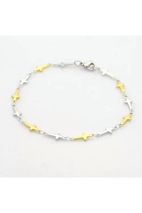 Catholic Stainless Steel Cross Link Chain Bracelet Lobster Gold Silver 7.8" P267-Gold & Silver