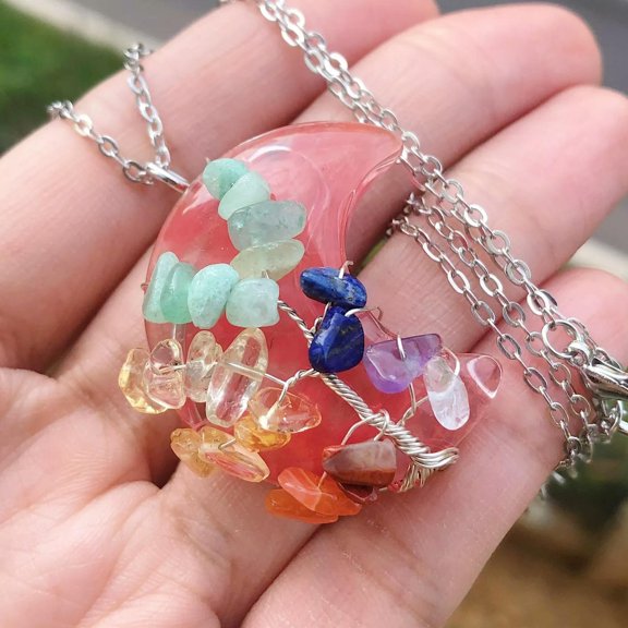 QQTDFG Cheery Quartz Gem Stone Tree Of Life Moon Necklace Chakra Reiki Healing Amulet-default