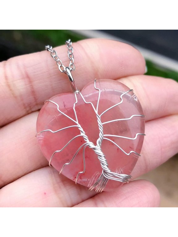 Cheery Quartz Gem stone Tree of life Necklace Heart Chakra Reiki Healing Amulet-default