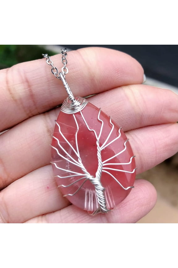 Cheery Quartz Gems Tree Of Life Necklace Water-drop Chakra Reiki Healing Amulet-default