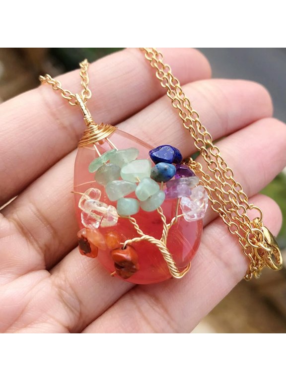 Cheery Quartz Stone Tree Of Life Water-Drop Necklace Chakra Healing Amulet Gift-default