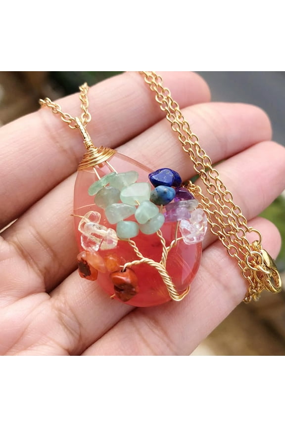 Cheery Quartz Stone Tree Of Life Water-Drop Necklace Chakra Healing Amulet Gift-default