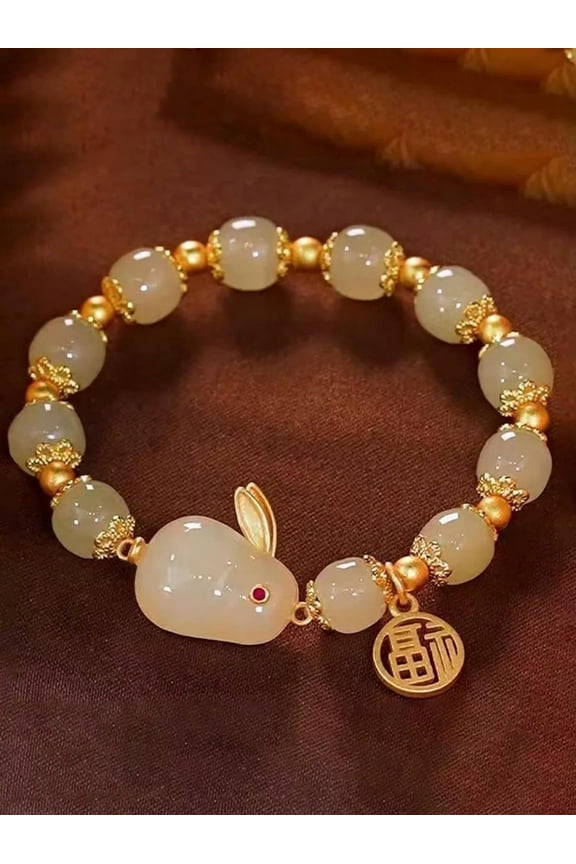 Chinese Character Detail Rabbit Charm Beaded Bracelet-default