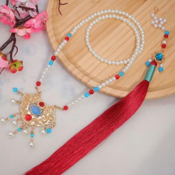 QQTDFG Chinese Style Long Necklace for Hanfu/Horse Face Skirt/Cheongsam Women-Red