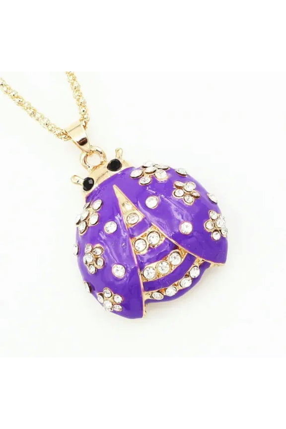 Clear Crystal Enamel Ladybird Beetles Insects Pendant Sweater Chain Necklace -Purple