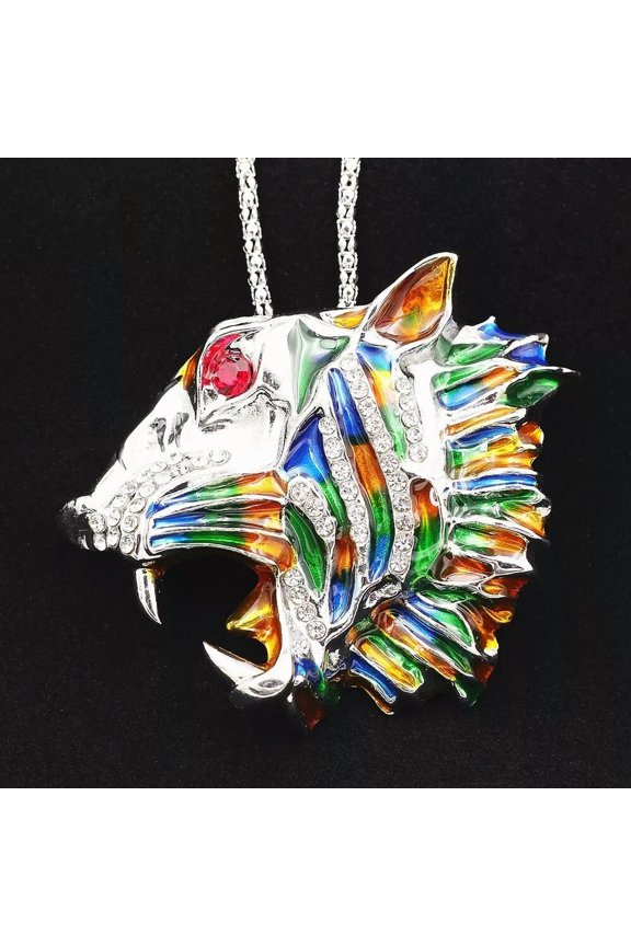 Clear Rhinestone Enamel Tiger Leopard Head Animals Pendant Necklace/Brooch Pin-default